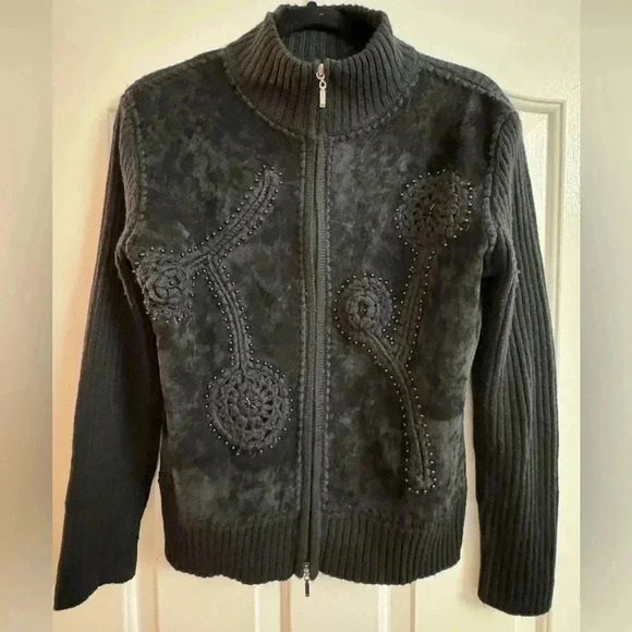 Vintage Sweaters - Vintage Embroidered Beaded Wool Suede Fitted  Zip Up Jacket Sweater Grannycore